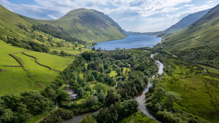 An aerial view of Wasdale Campsite and Wastwater, Cumbria